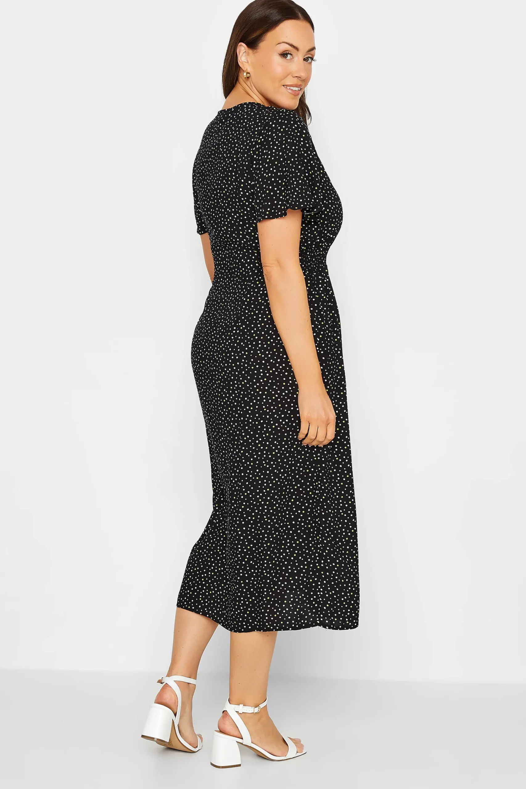 M&Co Womens Black Spot Print Shirred Waist Dress>Women Midi Dresses