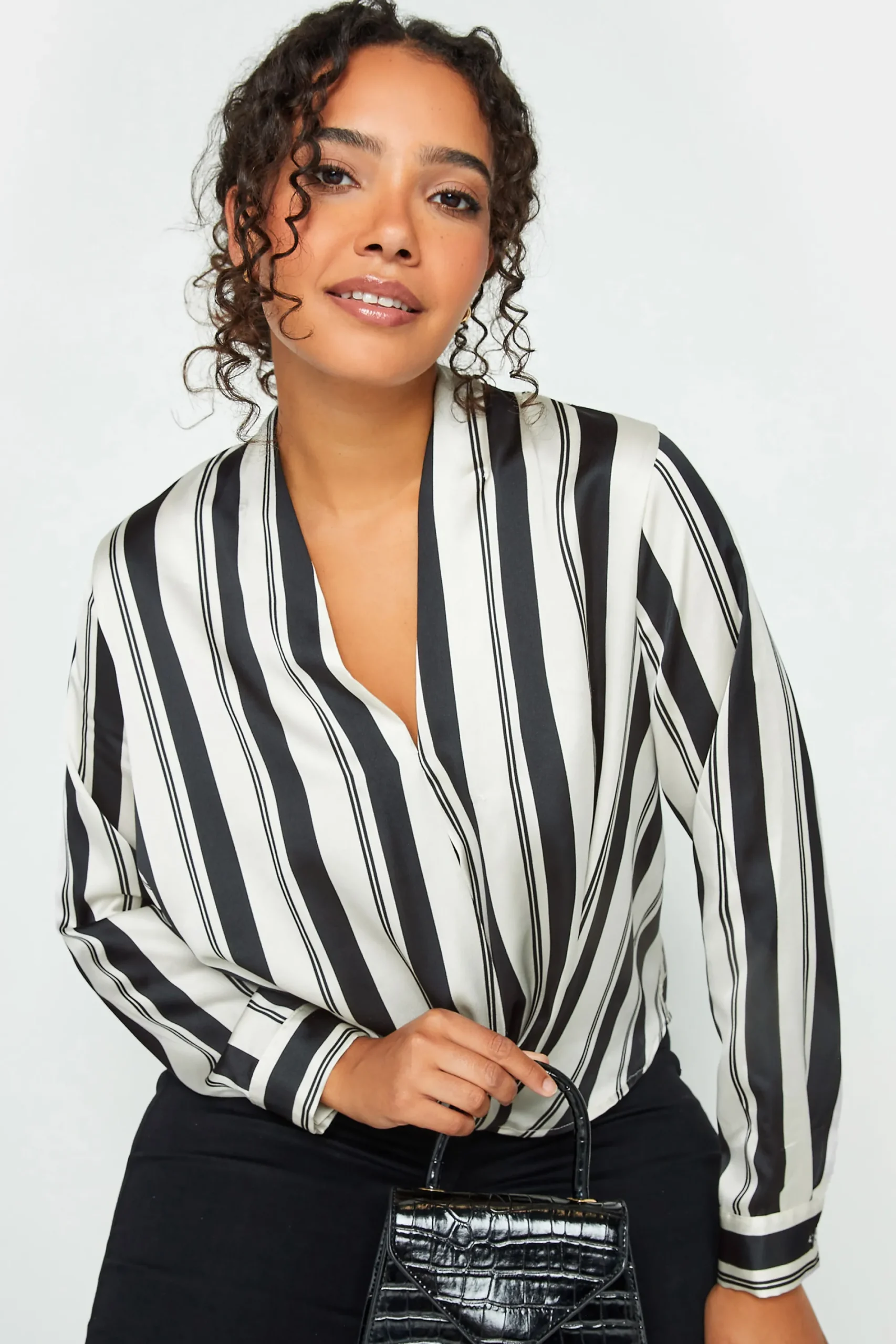 M&Co Womens Black Stripe Print Wrap Front Blouse>Women Long Sleeve Tops