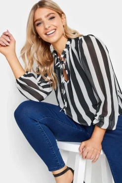 M&Co Womens Black Stripe Tie Neck Blouse>Women Shirts