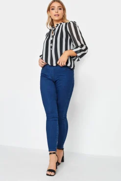 M&Co Womens Black Stripe Tie Neck Blouse>Women Shirts