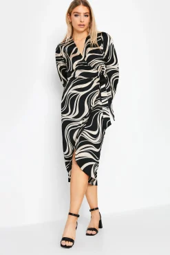 M&Co Womens Black Swirl Print Midi Wrap Dress>Women Wedding Guest Dresses