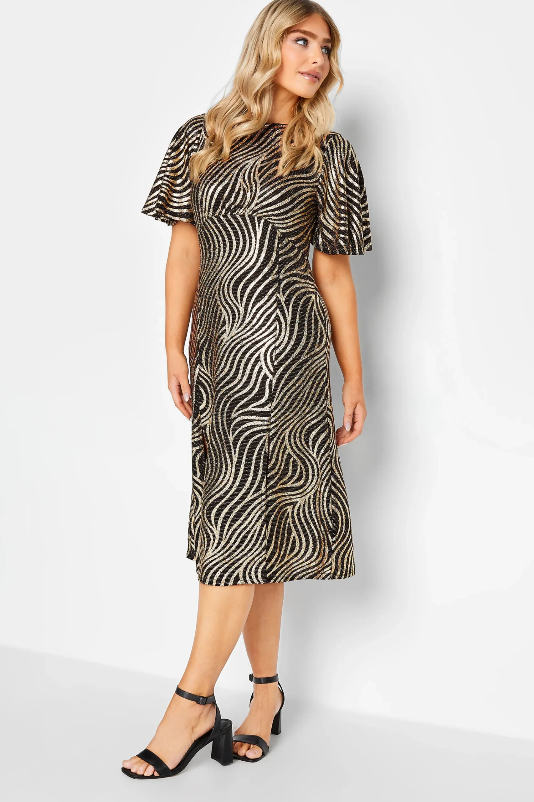 M&Co Womens Black Swirl Print Angel Sleeve Split Hem Midi Dress>Women Wedding Guest Dresses