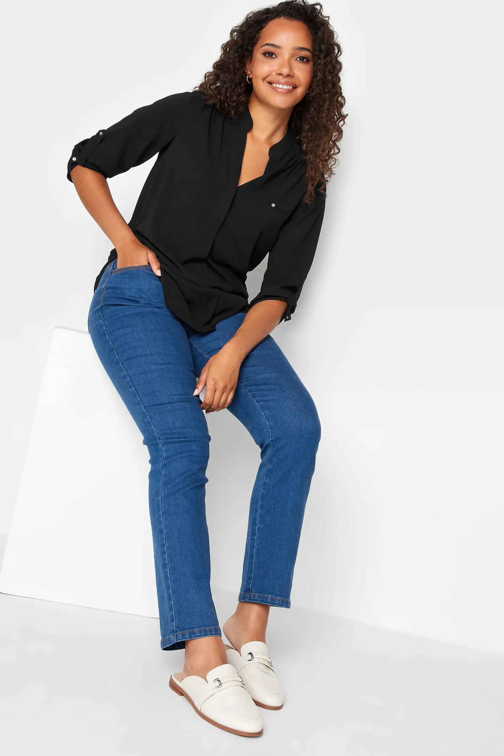 M&Co Womens Black Tab Sleeve Blouse>Women Shirts