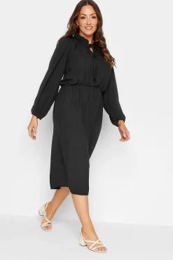 M&Co Womens Black Tie Neck Elasticated Waist Dress>Women Midi Dresses