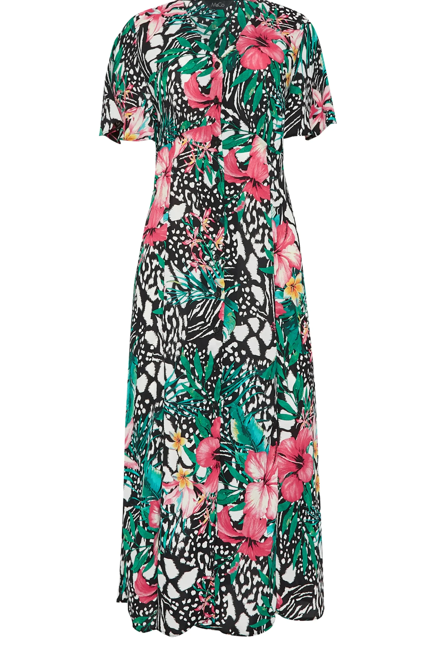M&Co Womens Black Tropical Mixed Print Midi Tea Dress>Women Midi Dresses