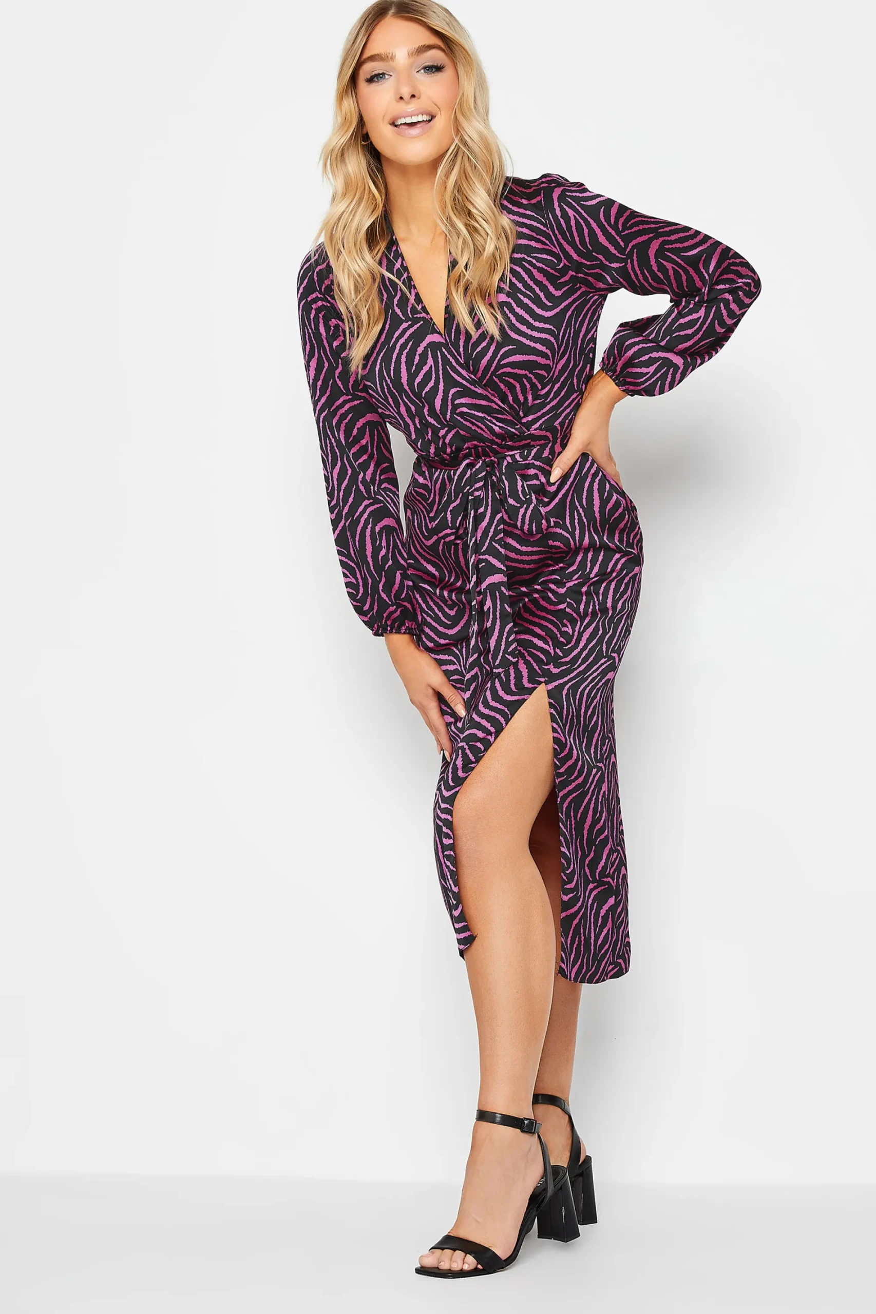 M&Co Womens Black Zebra Print Tie Belt Wrap Dress>Women Wedding Guest Dresses