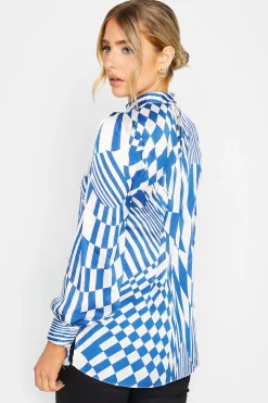 M&Co Womens Blue Abstract Print High Neck Satin Blouse><noscript><img width=