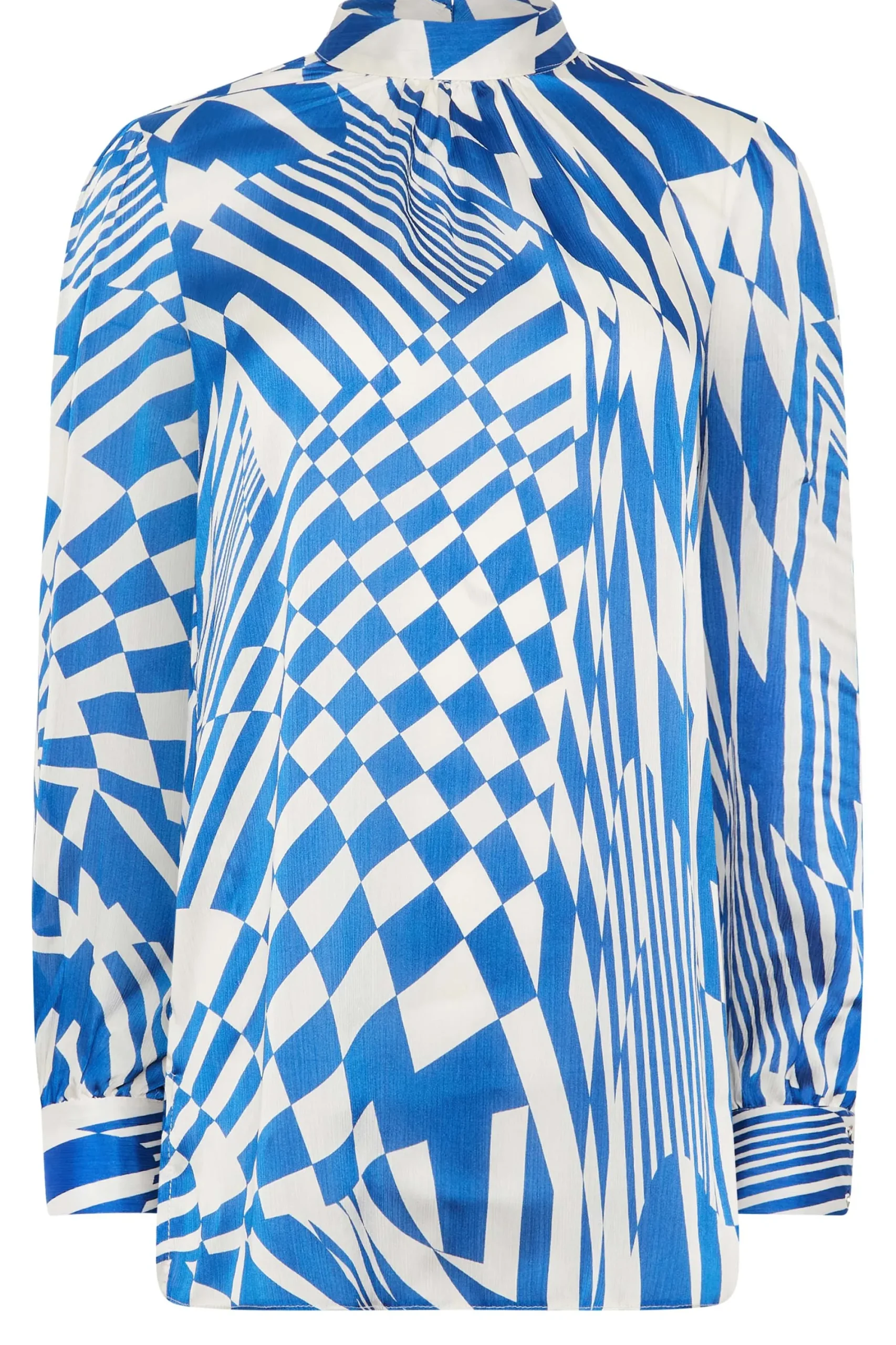 M&Co Womens Blue Abstract Print High Neck Satin Blouse>Women Long Sleeve Tops