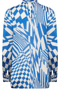 M&Co Womens Blue Abstract Print High Neck Satin Blouse><noscript><img width=