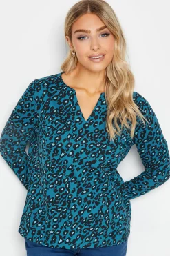 M&Co Womens Blue Animal Print Notch Neck Cotton T-Shirt>Women T-Shirts