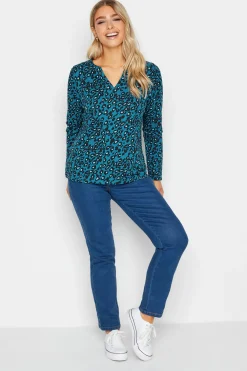 M&Co Womens Blue Animal Print Notch Neck Cotton T-Shirt>Women T-Shirts