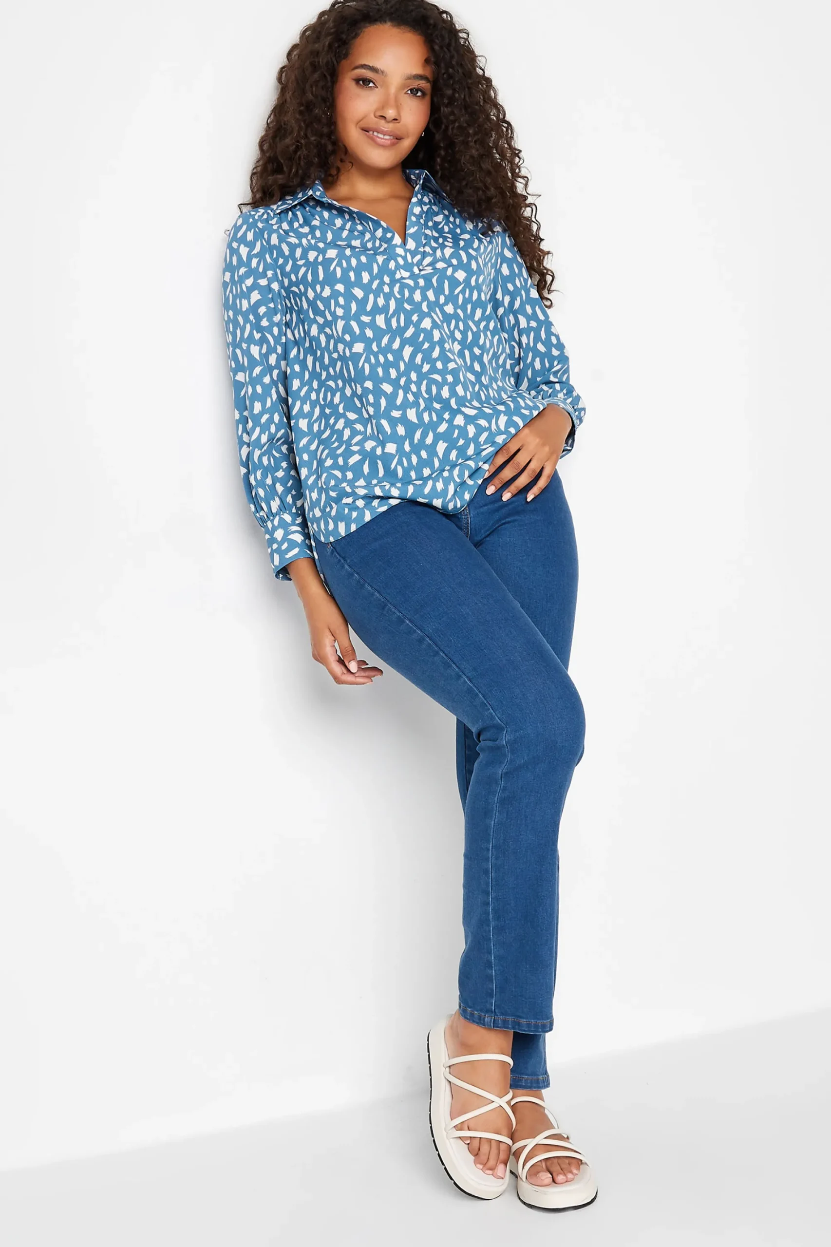 M&Co Womens Blue Brush Stroke Print Half Placket Shirt>Women Shirts