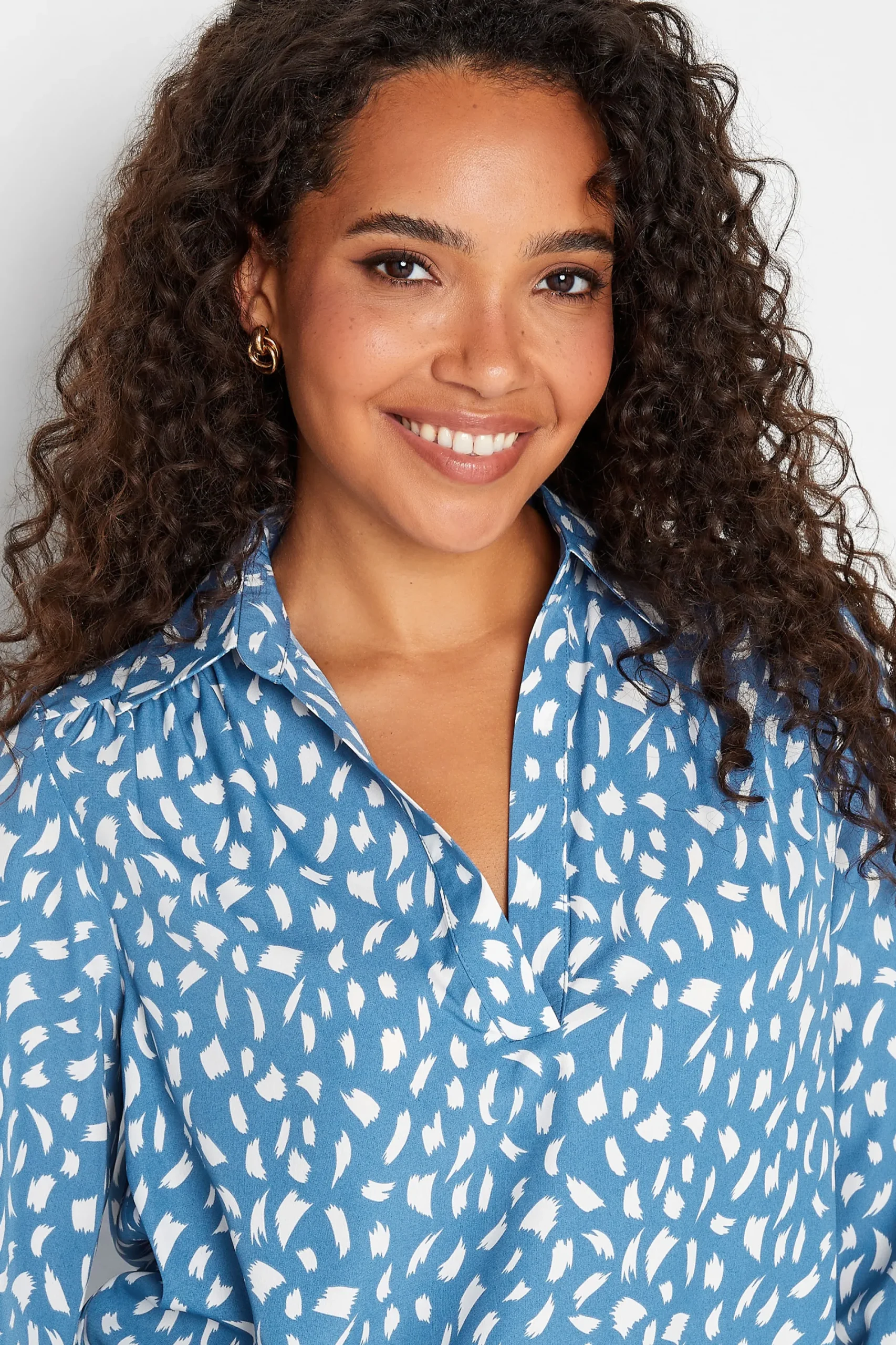M&Co Womens Blue Brush Stroke Print Half Placket Shirt>Women Shirts