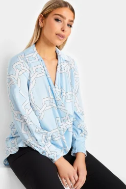 M&Co Womens Blue Chain Print Cowl Neck Satin Blouse>Women Long Sleeve Tops