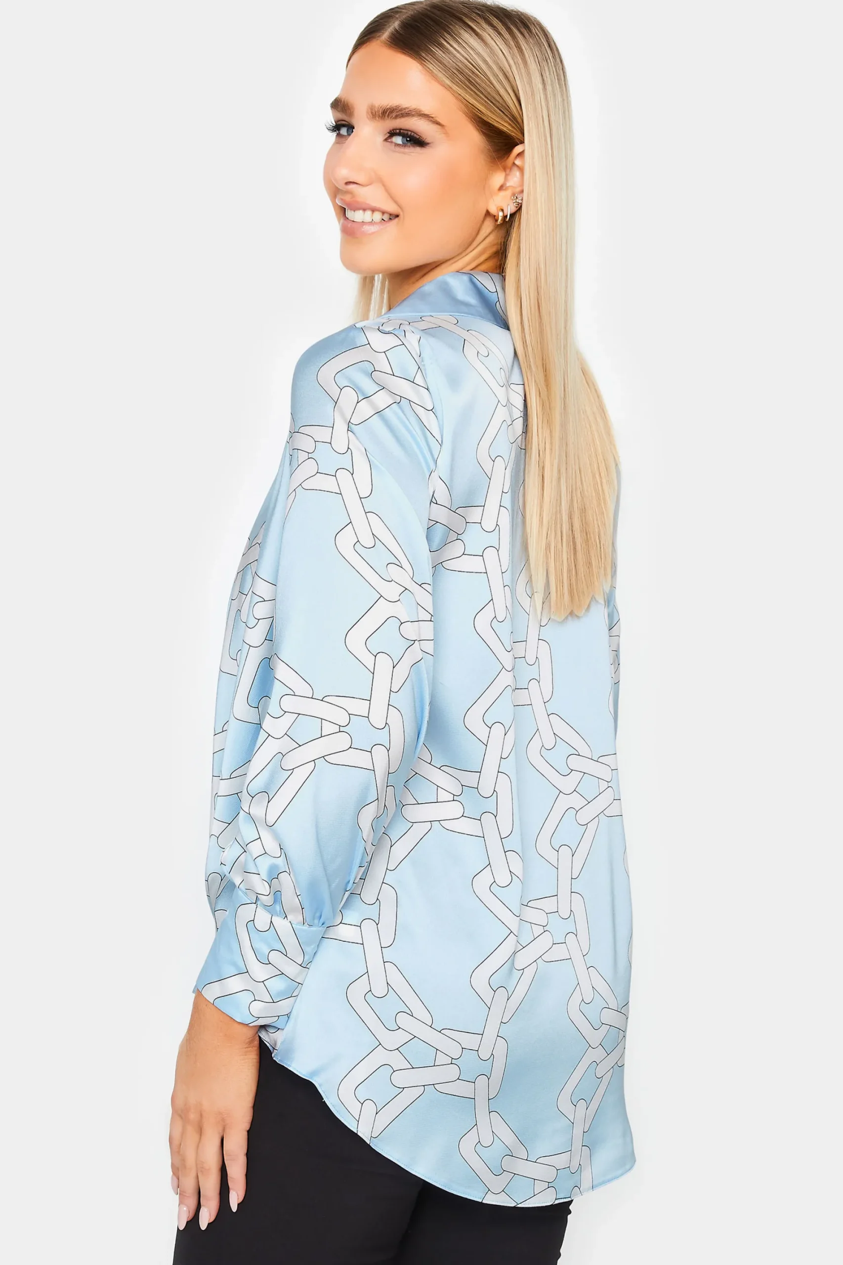 M&Co Womens Blue Chain Print Cowl Neck Satin Blouse>Women Long Sleeve Tops