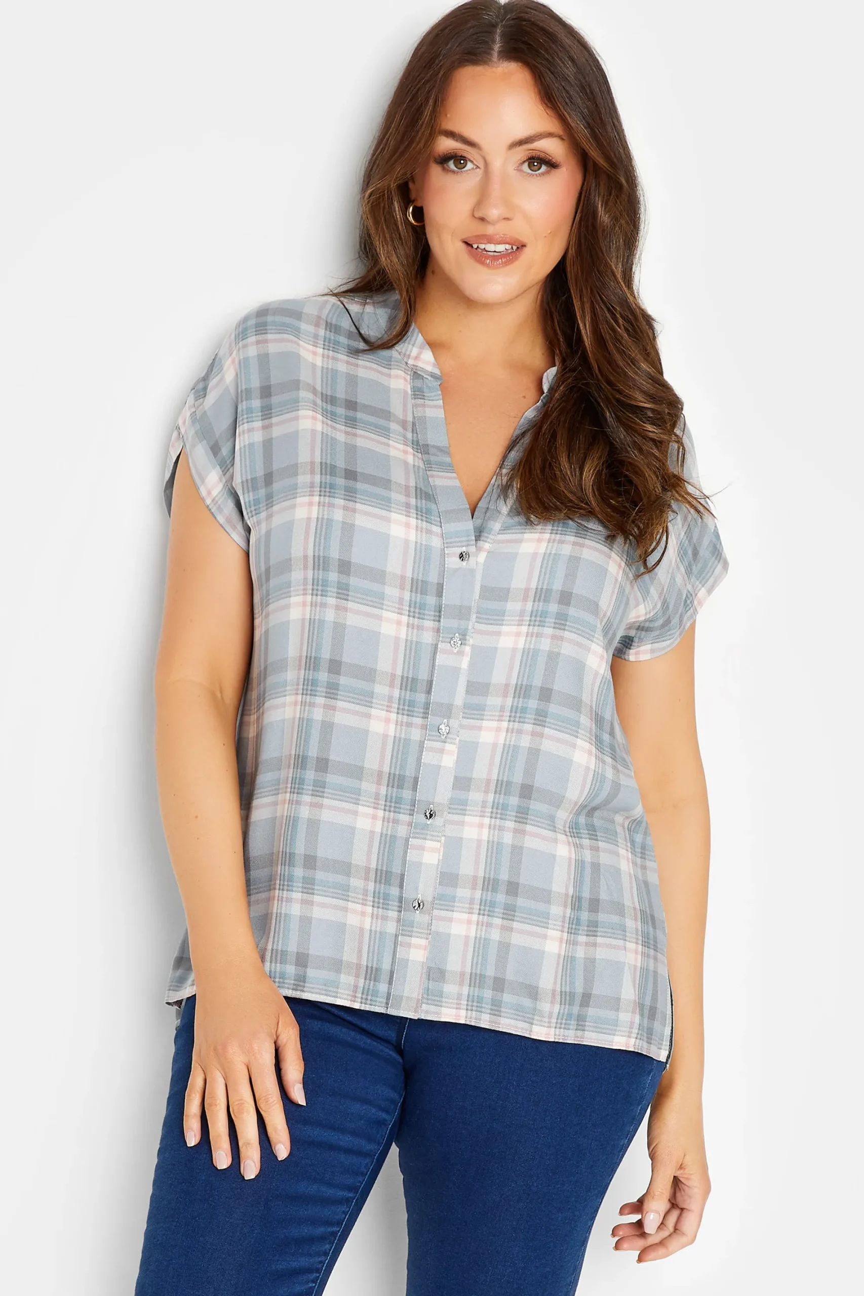 M&Co Womens Blue Check Grown On Sleeve Shirt>Women Shirts