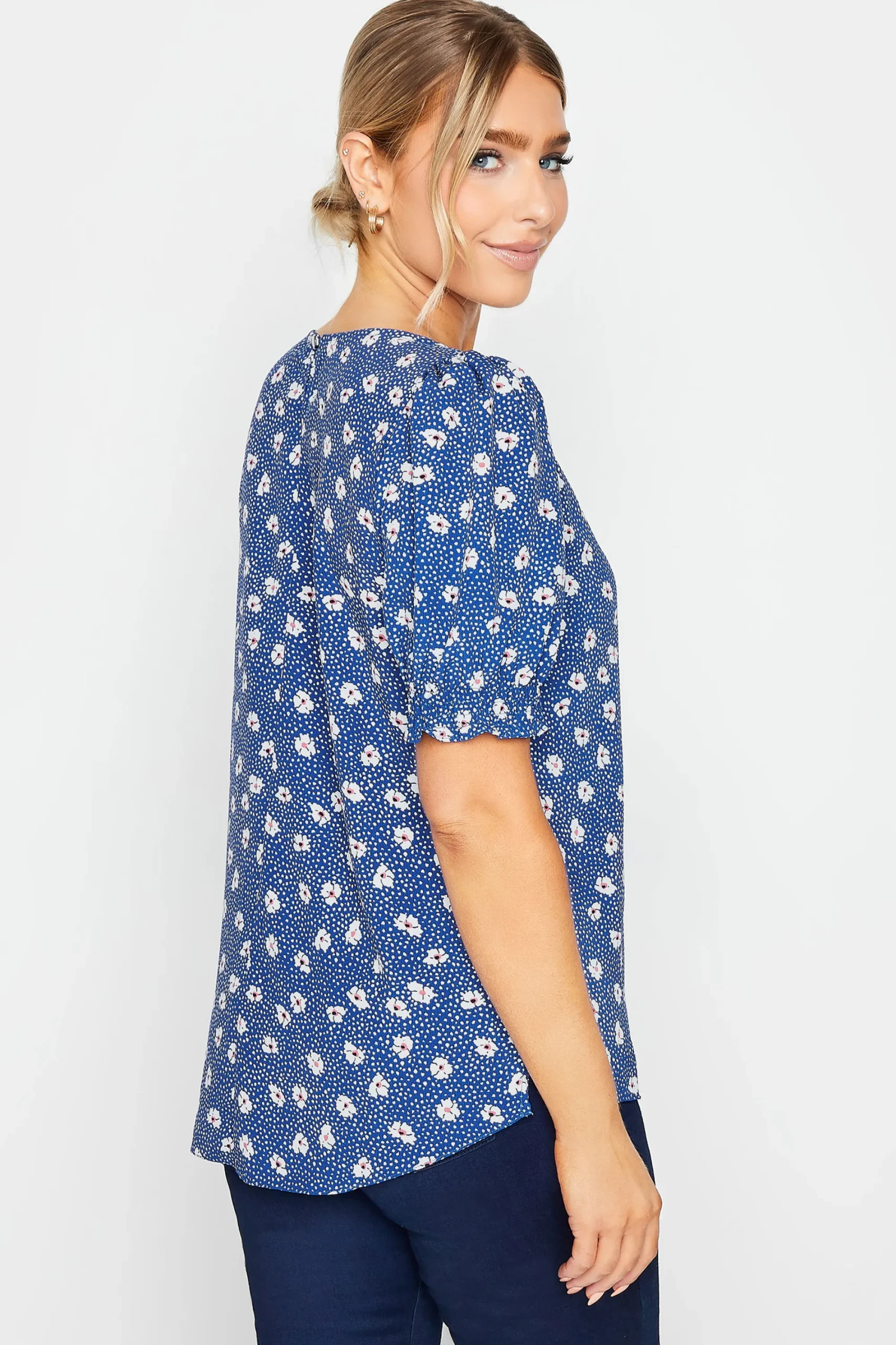 M&Co Womens Blue Daisy Print Blouse>Women Short Sleeve Tops