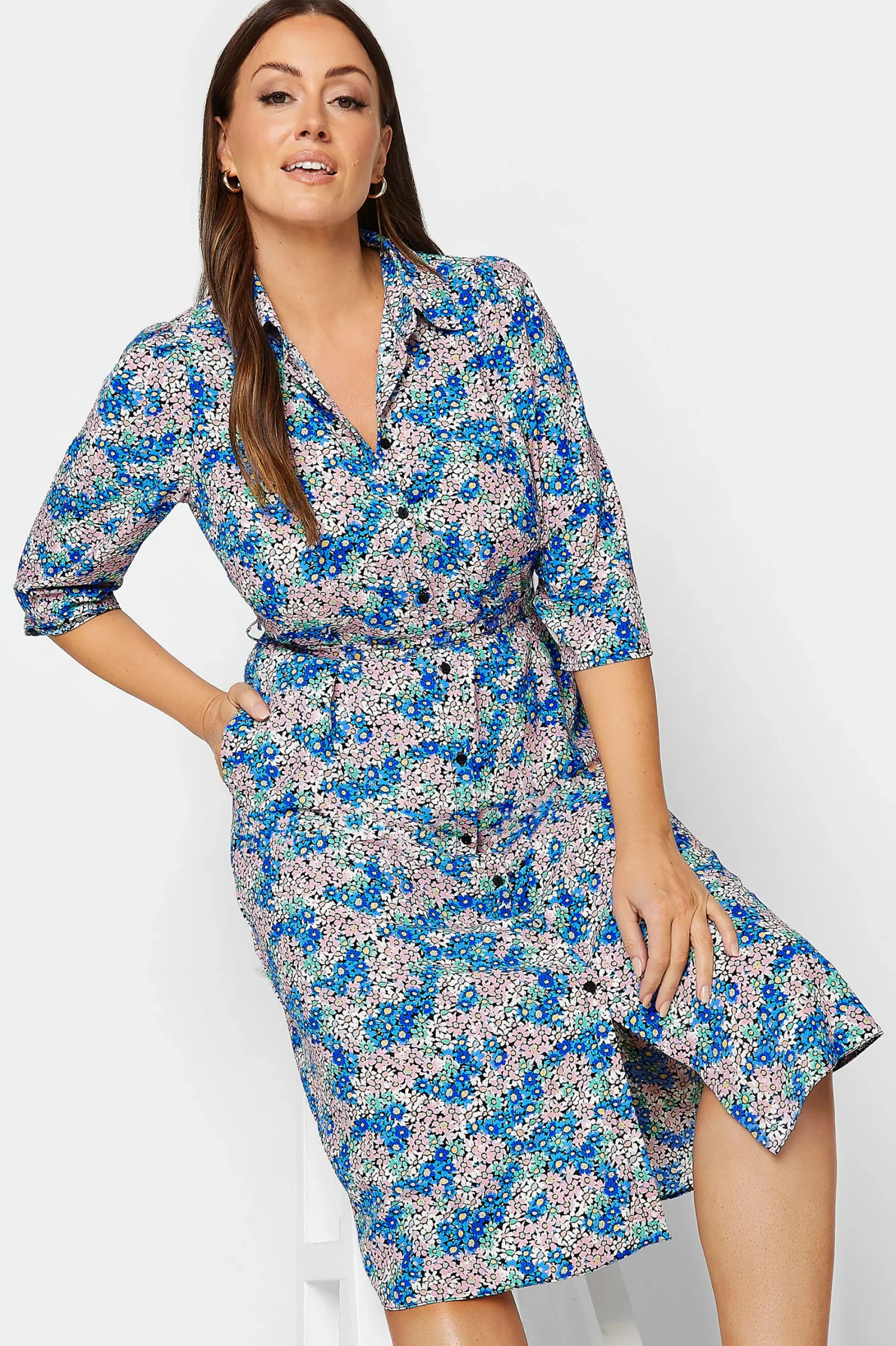 M&Co Womens Blue Ditsy Floral Tie Belt Dress>Women Shirt Dresses