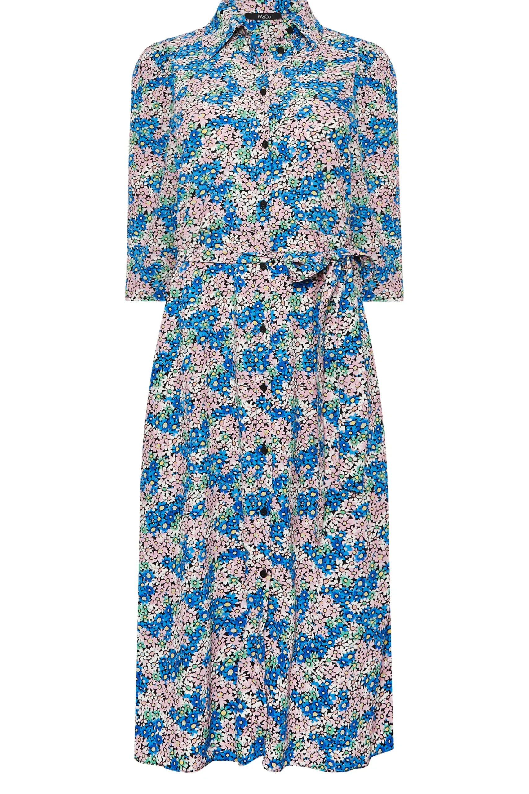 M&Co Womens Blue Ditsy Floral Tie Belt Dress>Women Shirt Dresses