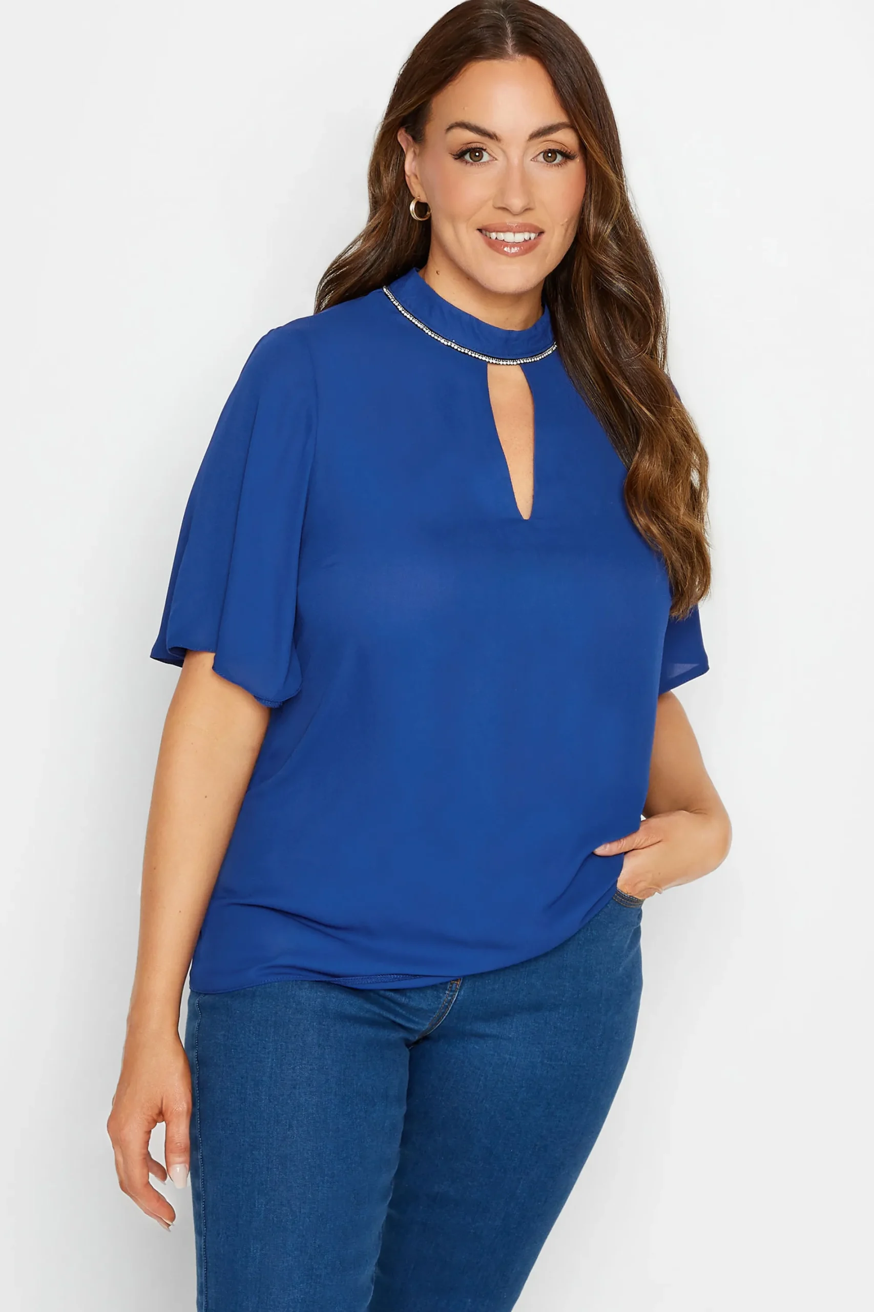 M&Co Womens Blue Embellished Neck Keyhole Blouse>Women Blouses