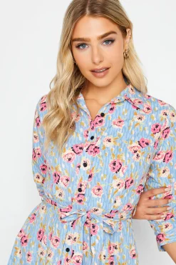 M&Co Womens Blue Floral Print Tie Waist Shirt Dress><noscript><img width=