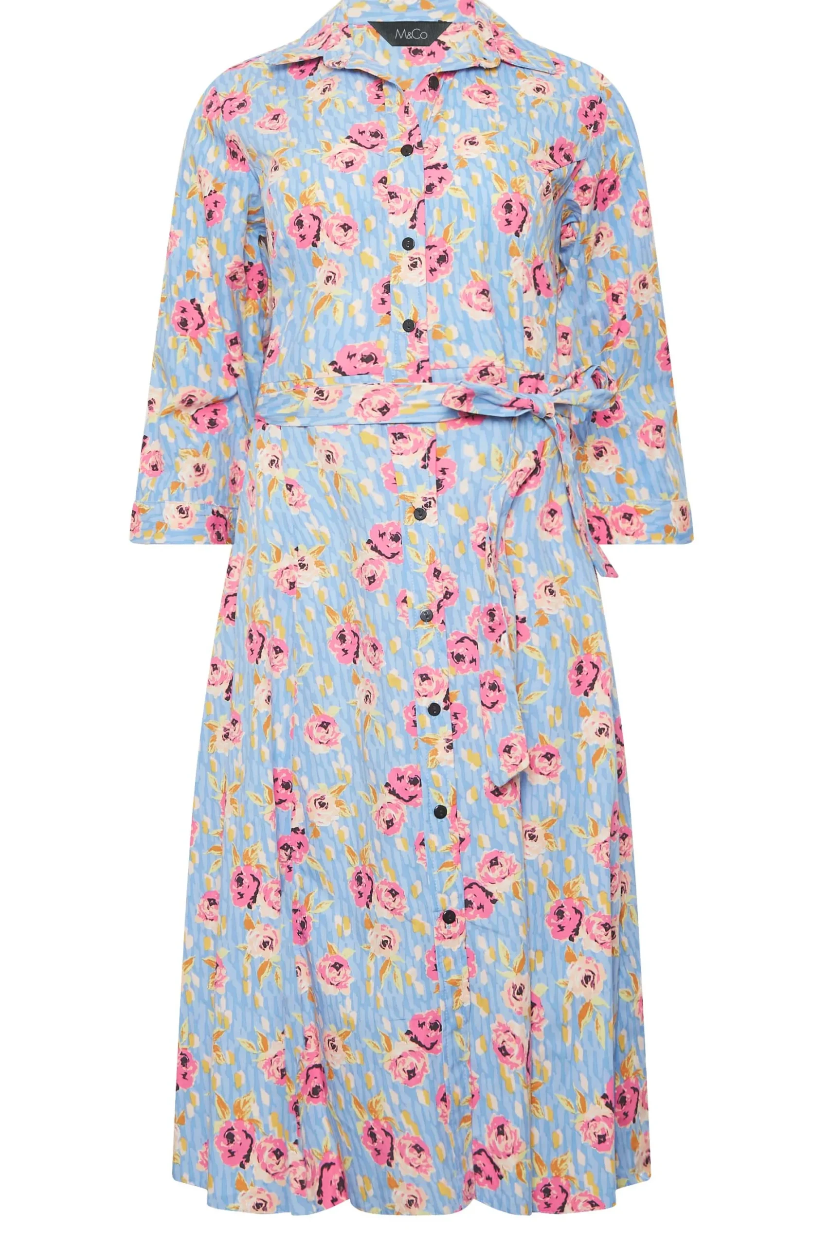 M&Co Womens Blue Floral Print Tie Waist Shirt Dress>Women Wedding Guest Dresses