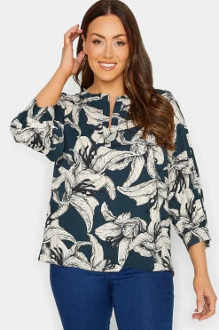 M&Co Womens Blue Floral Print 3/4 Sleeve Blouse>Women Shirts