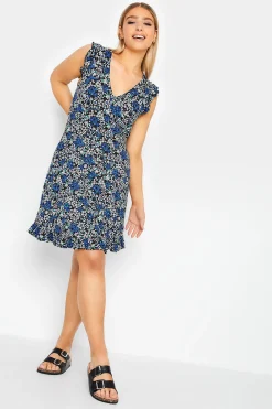 M&Co Womens Blue Floral Print Frill Sleeve Mini Dress>Women Midi Dresses