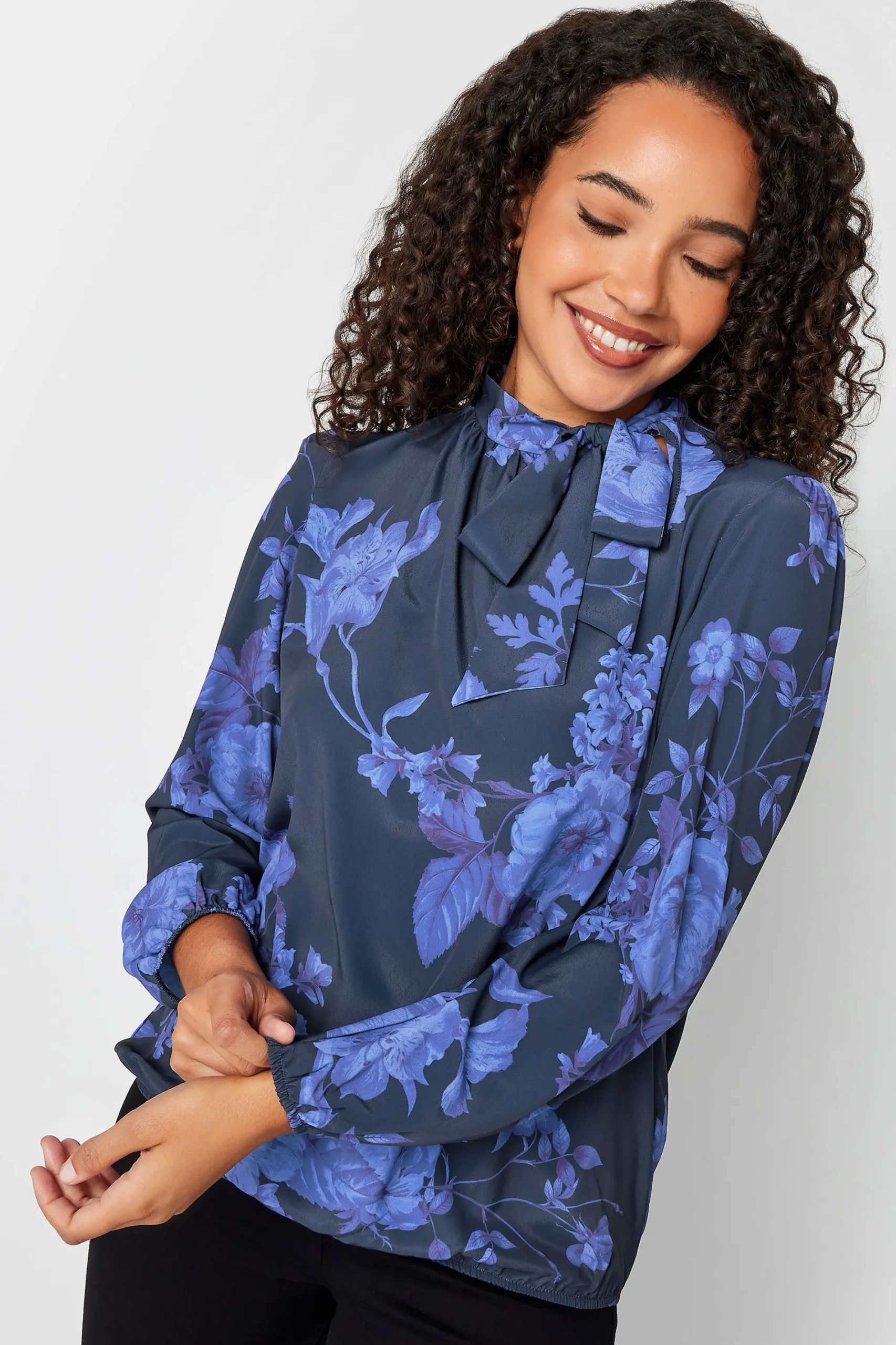 M&Co Womens Blue Floral Print Tie Neck Bubble Hem Blouse>Women Blouses