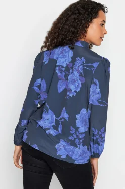 M&Co Womens Blue Floral Print Tie Neck Bubble Hem Blouse><noscript><img width=
