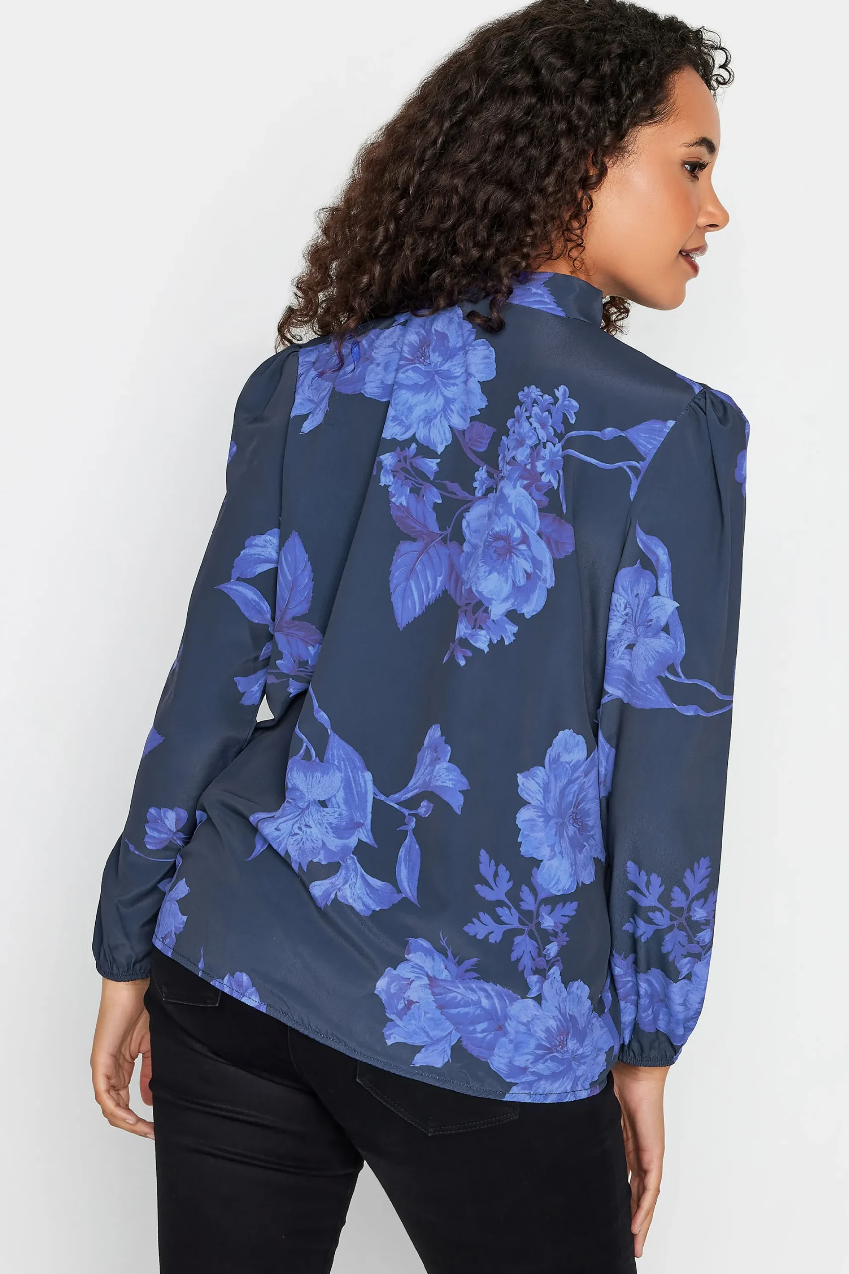 M&Co Womens Blue Floral Print Tie Neck Bubble Hem Blouse>Women Blouses