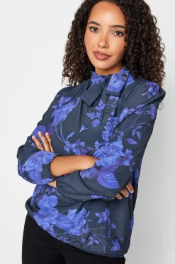 M&Co Womens Blue Floral Print Tie Neck Bubble Hem Blouse><noscript><img width=