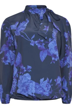 M&Co Womens Blue Floral Print Tie Neck Bubble Hem Blouse><noscript><img width=