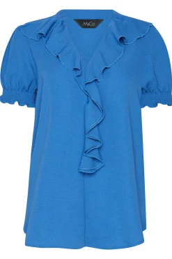 M&Co Womens Blue Frill Front Blouse>Women Short Sleeve Tops