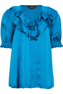 M&Co Womens Blue Frill Front Satin Blouse><noscript><img width=