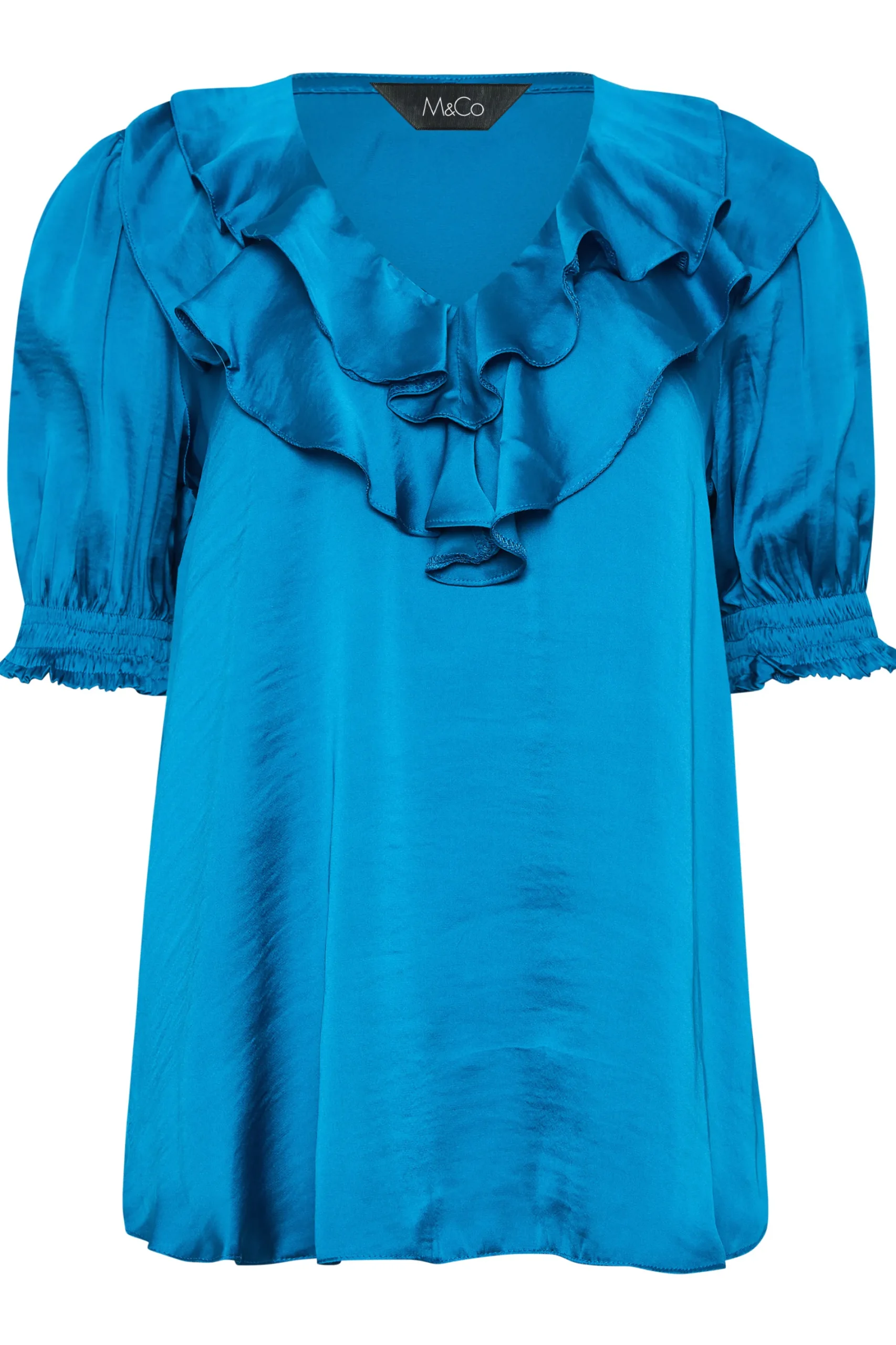 M&Co Womens Blue Frill Front Satin Blouse>Women Short Sleeve Tops