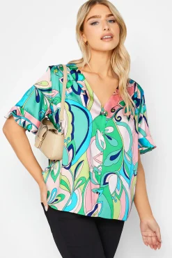 M&Co Womens Blue Geometric Print Satin Blouse>Women Short Sleeve Tops