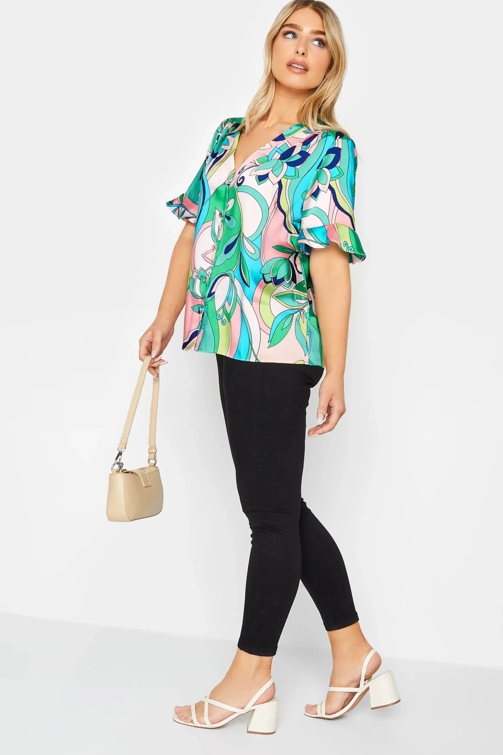 M&Co Womens Blue Geometric Print Satin Blouse>Women Short Sleeve Tops