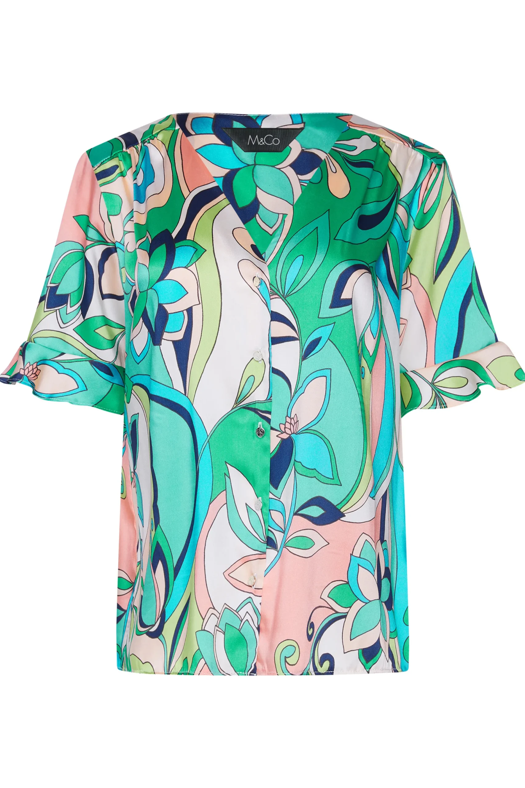 M&Co Womens Blue Geometric Print Satin Blouse>Women Short Sleeve Tops
