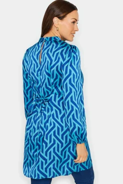 M&Co Womens Blue Geometric Print Satin Tunic Blouse><noscript><img width=