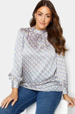 M&Co Womens Blue Geometric Print High Neck Satin Blouse>Women Long Sleeve Tops