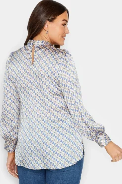 M&Co Womens Blue Geometric Print High Neck Satin Blouse><noscript><img width=