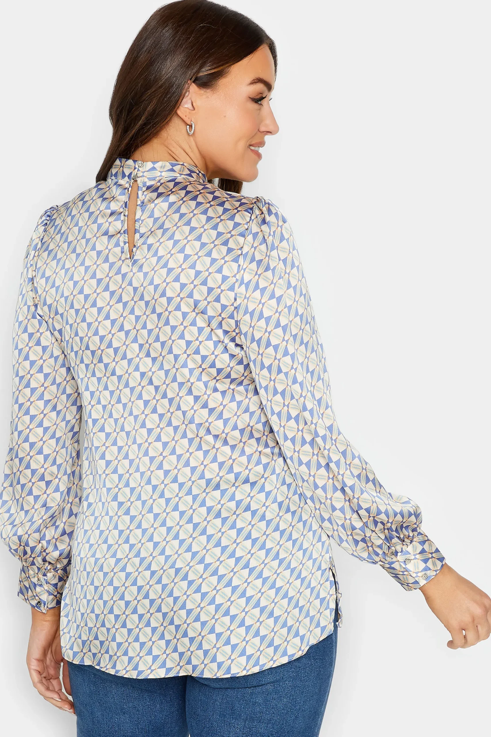 M&Co Womens Blue Geometric Print High Neck Satin Blouse>Women Long Sleeve Tops