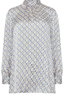 M&Co Womens Blue Geometric Print High Neck Satin Blouse><noscript><img width=