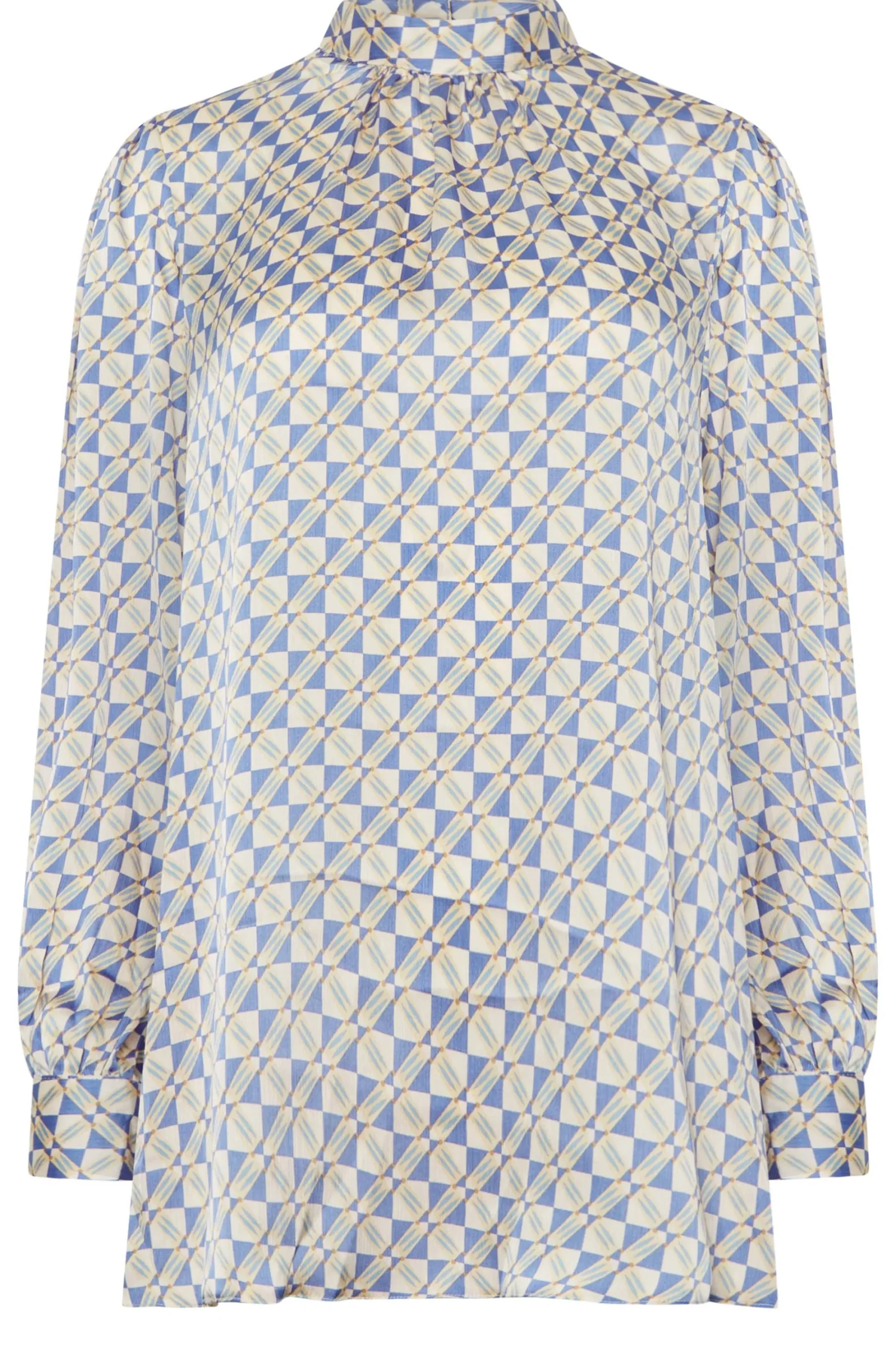 M&Co Womens Blue Geometric Print High Neck Satin Blouse>Women Long Sleeve Tops