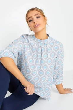 M&Co Womens Blue Geometric Print High Neck Blouse>Women Blouses