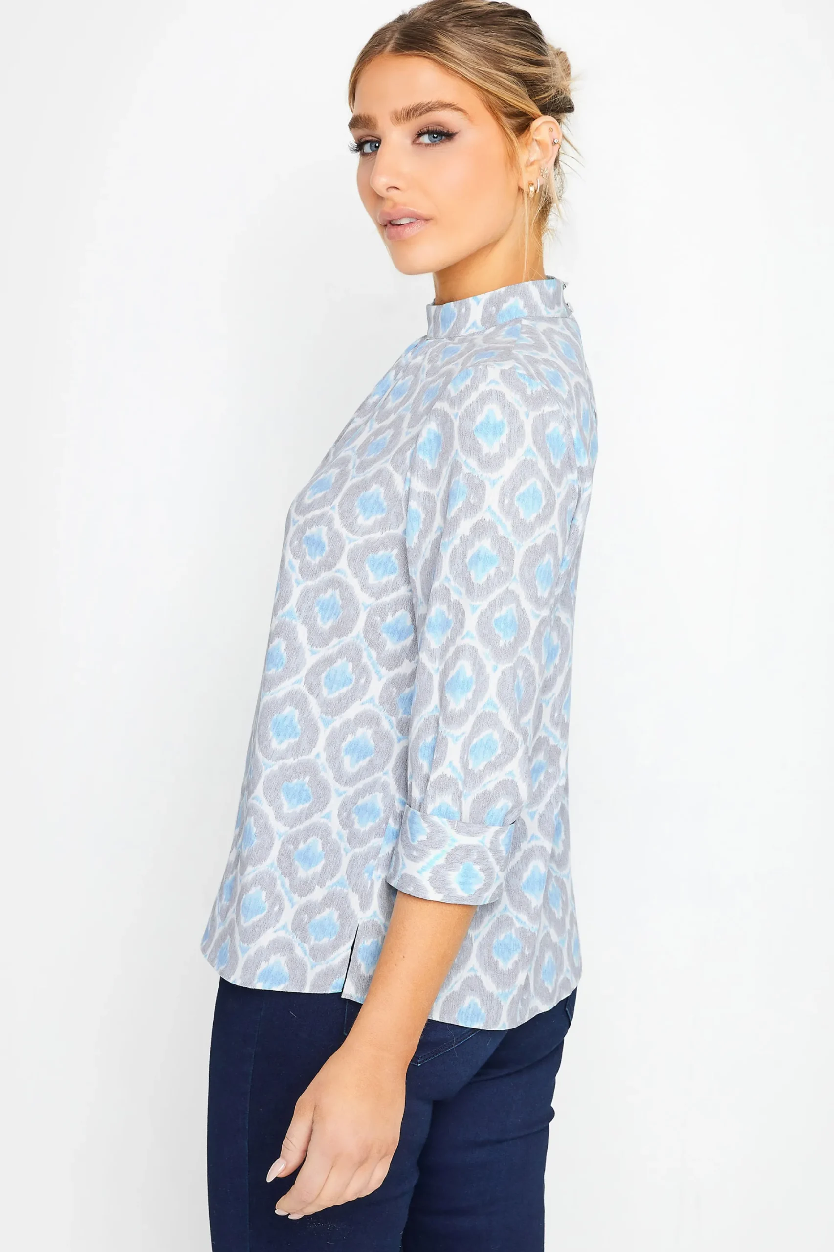 M&Co Womens Blue Geometric Print High Neck Blouse>Women Blouses