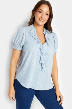 M&Co Womens Blue Gingham Frill Front Blouse>Women Short Sleeve Tops