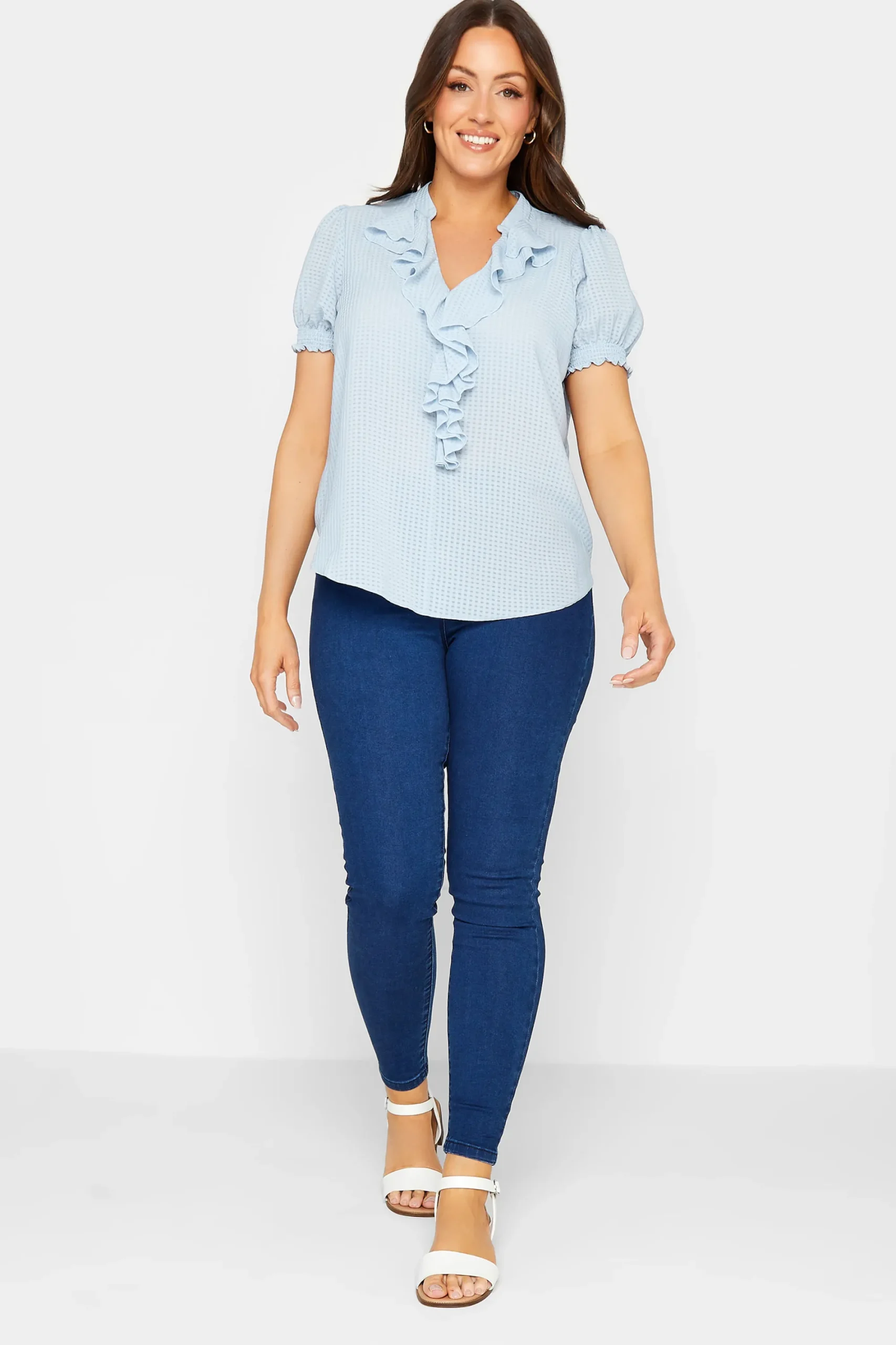 M&Co Womens Blue Gingham Frill Front Blouse>Women Short Sleeve Tops