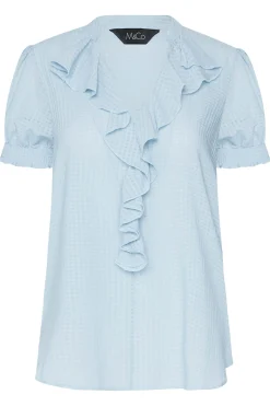 M&Co Womens Blue Gingham Frill Front Blouse><noscript><img width=